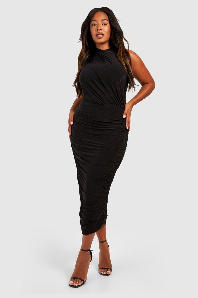 Womens Plus Double Slinky High Neck Midi Dress - Black - 16, Black