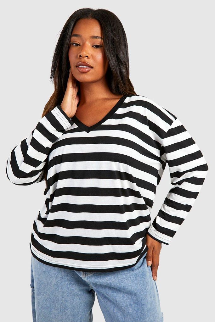 Womens Plus Stripe Collared Long Sleeve Top - Black - 16, Black