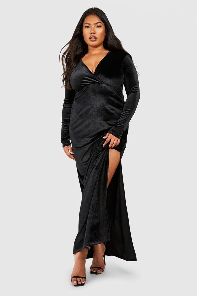 Womens Plus Velvet Plunge Split Maxi Dress - Black - 16, Black