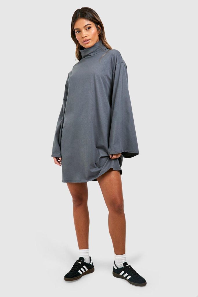Womens Roll Neck Flare Sleeve Cotton T-Shirt Dress - Grey - 8, Grey