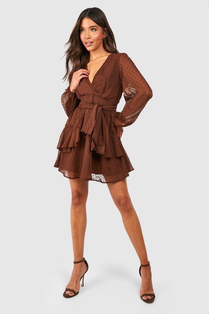 Womens Ruffle Hem Dobby Chiffon Mini Dress - Brown - 8, Brown