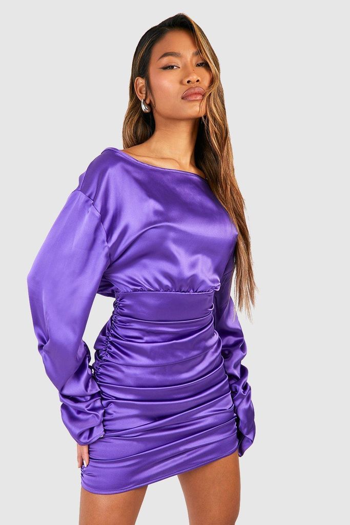 Womens Satin Ruched Volume Sleeve Mini Dress - Purple - 8, Purple