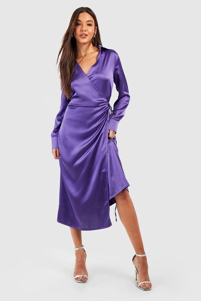 Womens Satin Wrap Shirt Midaxi Dress - Purple - 8, Purple