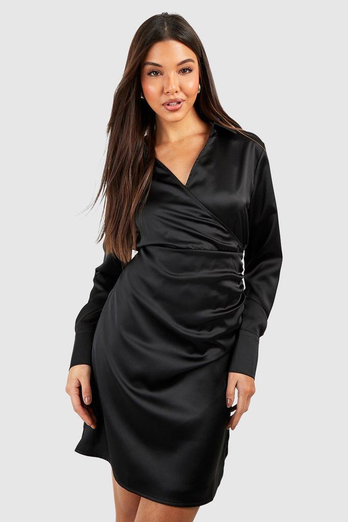 Womens Satin Wrap Shirt Dress - Black - 8, Black