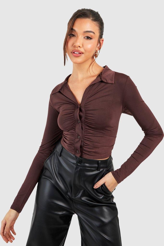 Womens Slinky Rouche Crop Shirt - Brown - 6, Brown