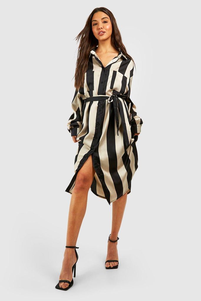 Womens Stripe Midi Satin Shirt Dress - Black - 8, Black