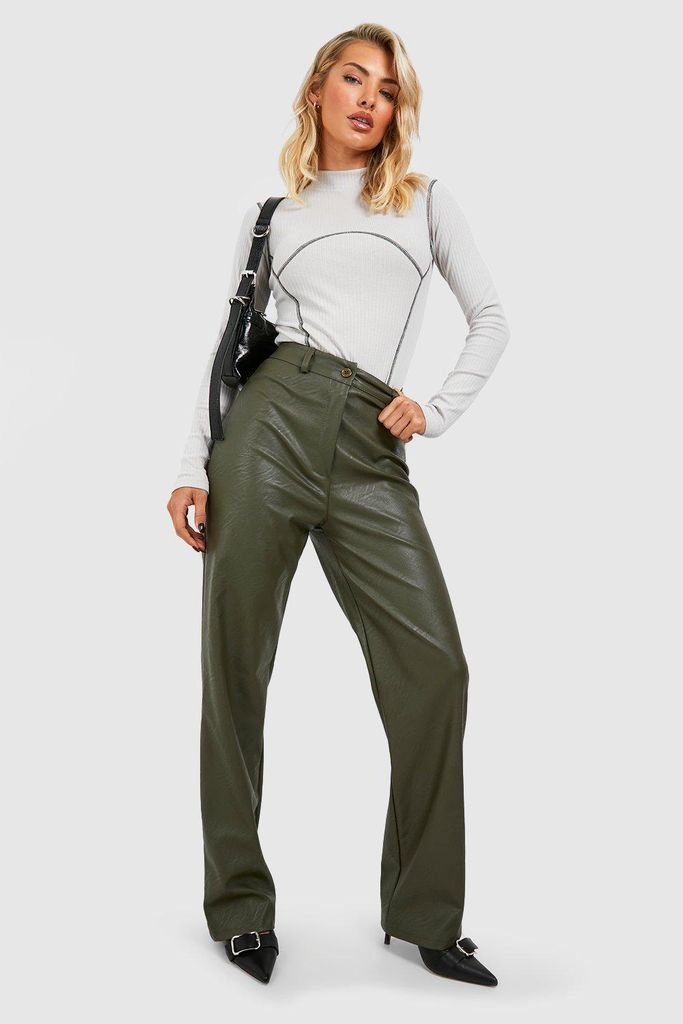 Womens Wide Leg Leather Look Trousers - Green - 6, Green