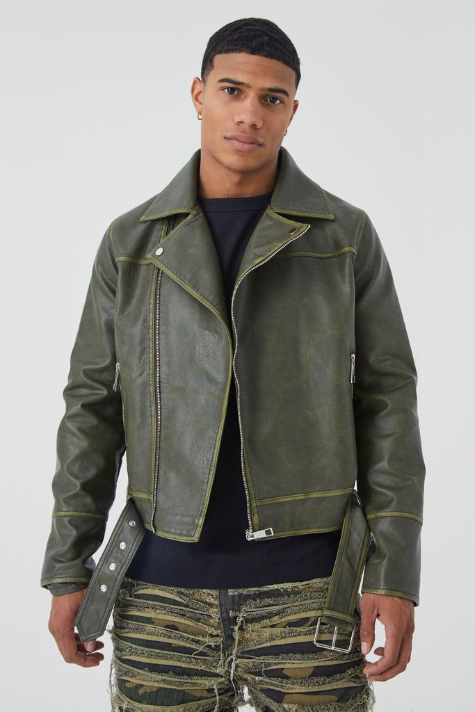 Men's Boxy Vintage Pu Biker Jacket - Green - S, Green