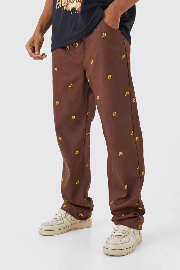 Men's Fixed Waist Relaxed All Over Embroidery Trouser - Brown - 28, Brown