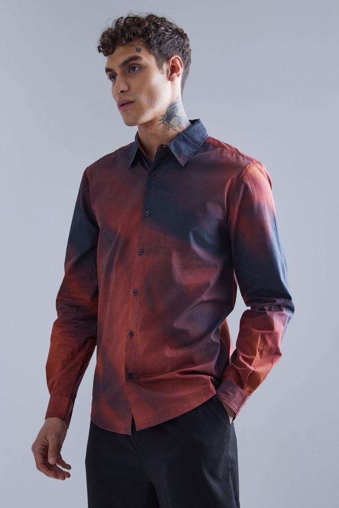 Men's Long Sleeve Marble Printed Poplin Shirt - Red - S, Red