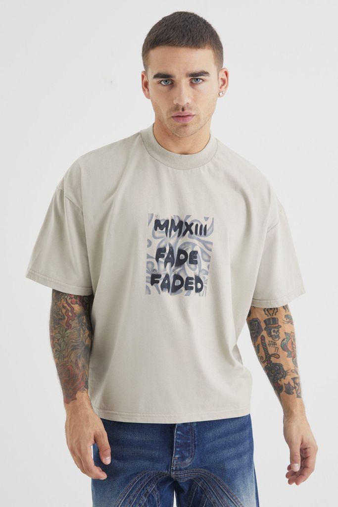 Men's Oversized Boxy Heavyweight Printed T-Shirt - Beige - S, Beige