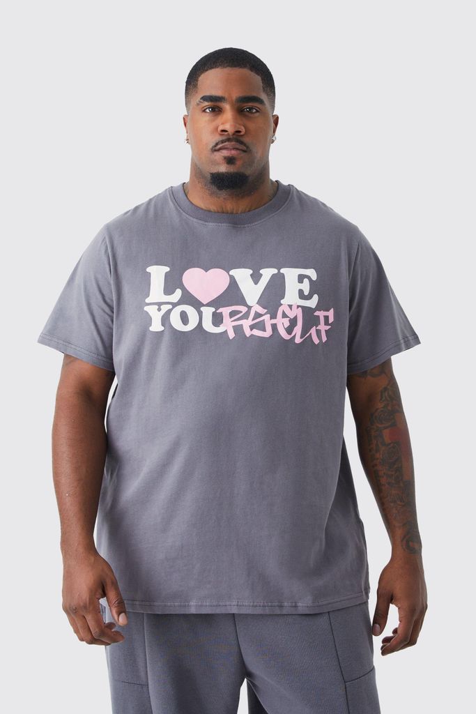 Men's Plus Slim Fit Love Yourself Print T-Shirt - Grey - Xxxl, Grey