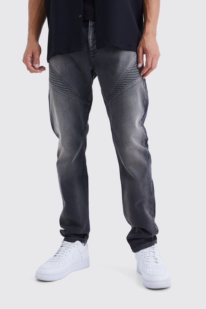 Men's Tall Slim Rigid Biker Panelled Jeans - Grey - 30, Grey