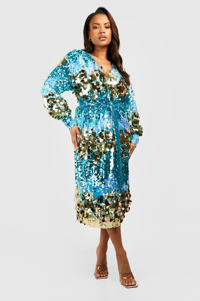 Womens Plus Mixed Sequin Detail Wrap Midi Dress - Blue - 16, Blue