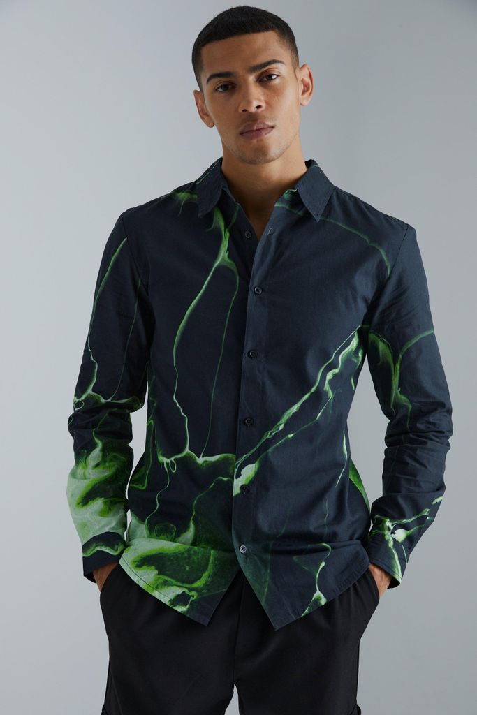 Men's Long Sleeve Abstract Printed Poplin Shirt - Black - S, Black