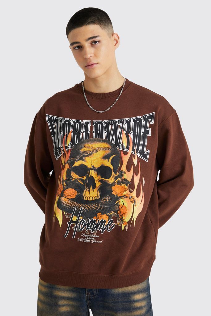 Men's Oversized Skull Graphic Sweatshirt - Brown - S, Brown