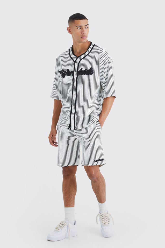 Men's Oversized Wrldwide Pinstripe Baseball Short Set - Cream - S, Cream