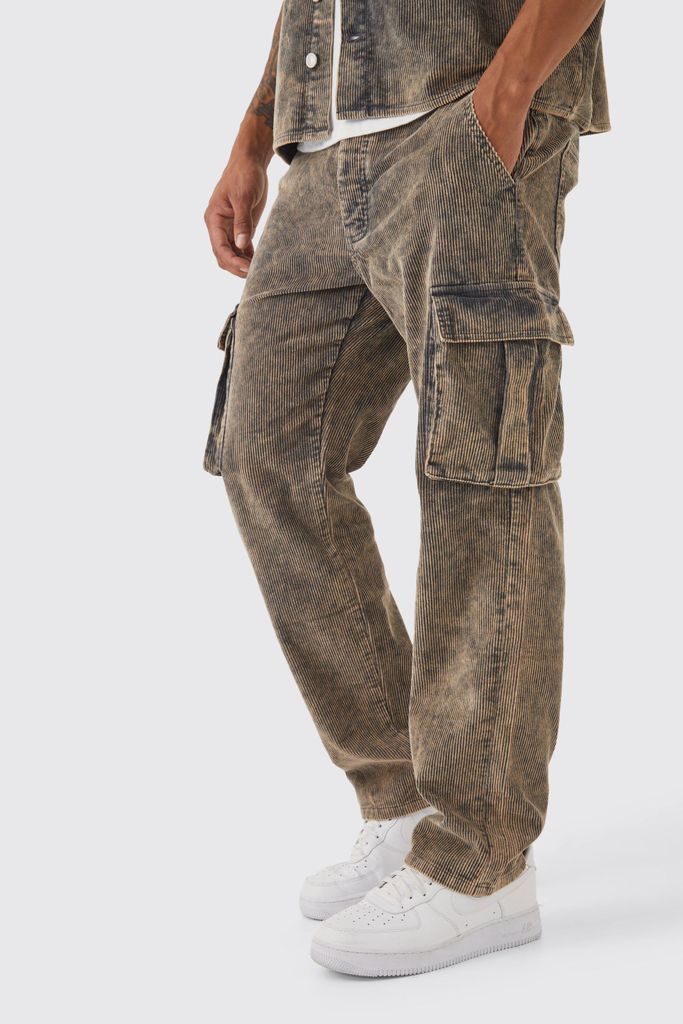 Men's Relaxed Acid Wash Cord Cargo Trouser - Grey - 28R, Grey