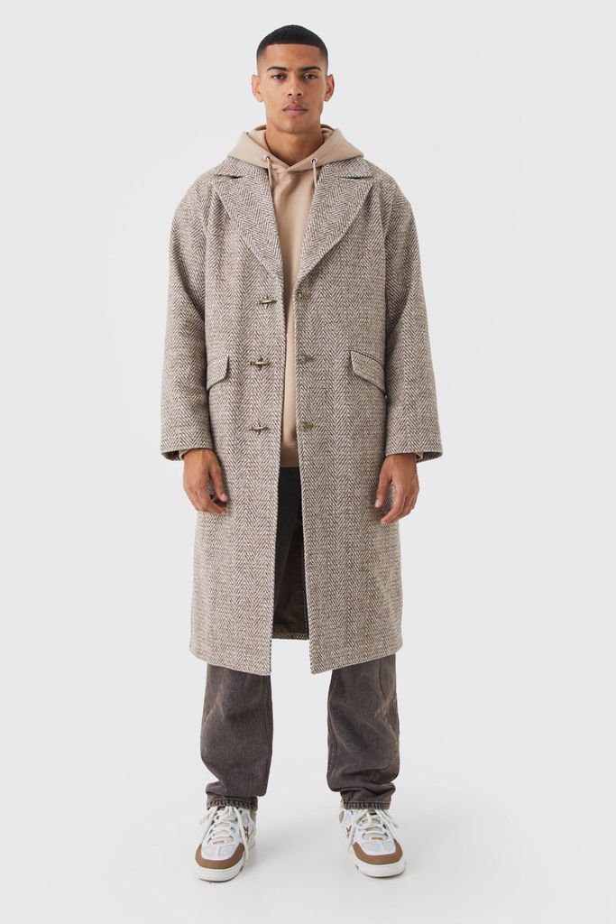 Men's Wool Look Overcoat With Metal Clasp - Brown - S, Brown