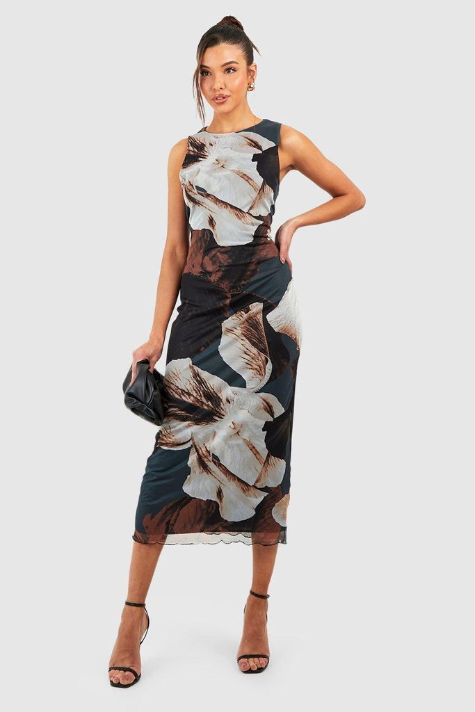 Womens Abstract Floral Mesh Midaxi Dress - Brown - 8, Brown