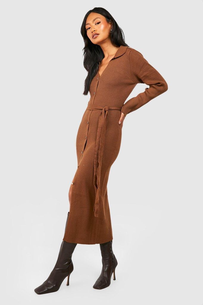 Womens Button Front Knitted Midi Dress - Brown - S, Brown
