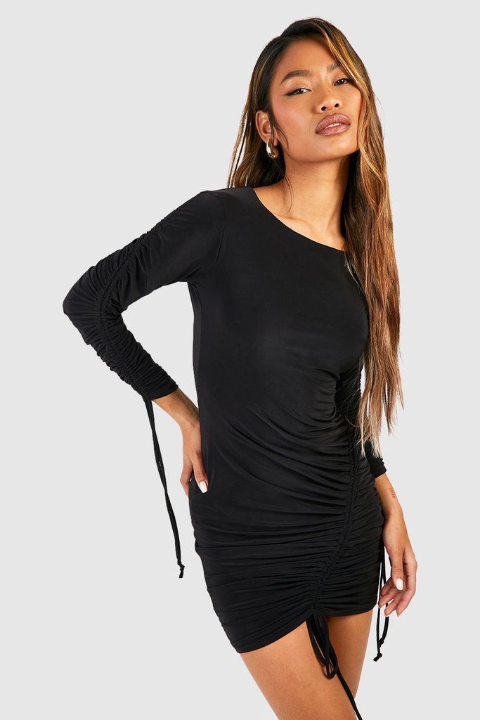 Womens Double Slinky Rouched Mini Dress - Black - 8, Black