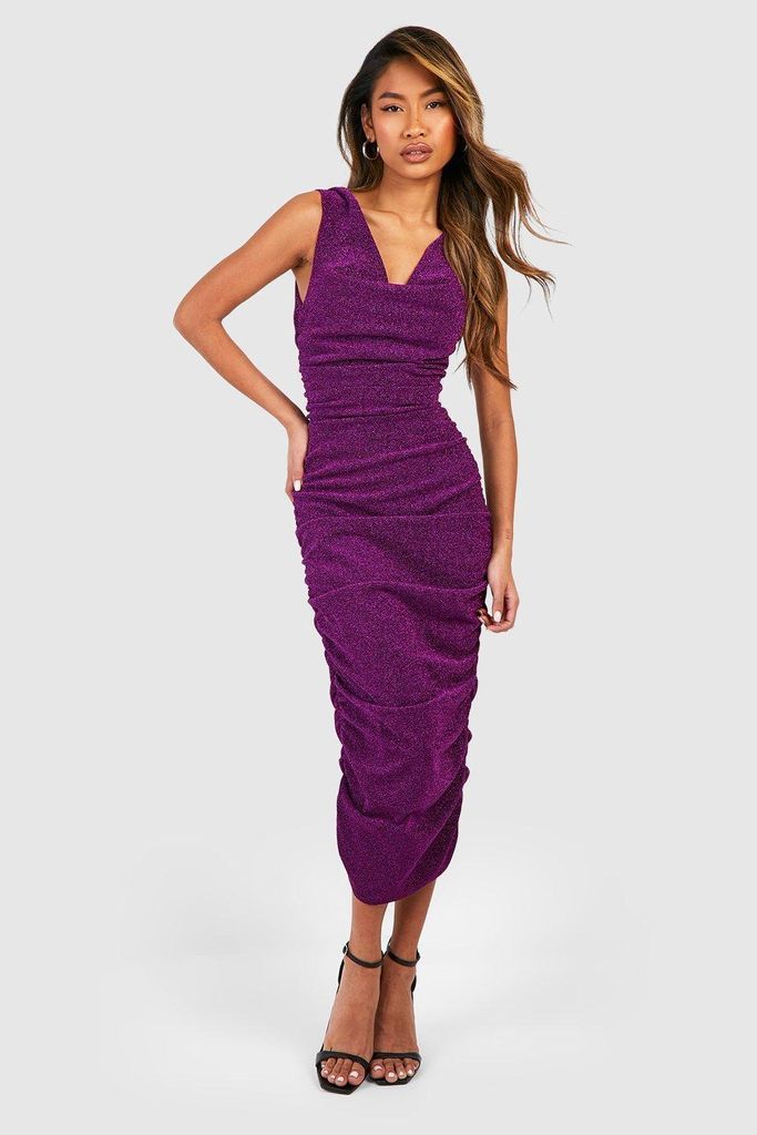 Womens Glitter Rouched Cowl Midi Dress - Purple - 8, Purple