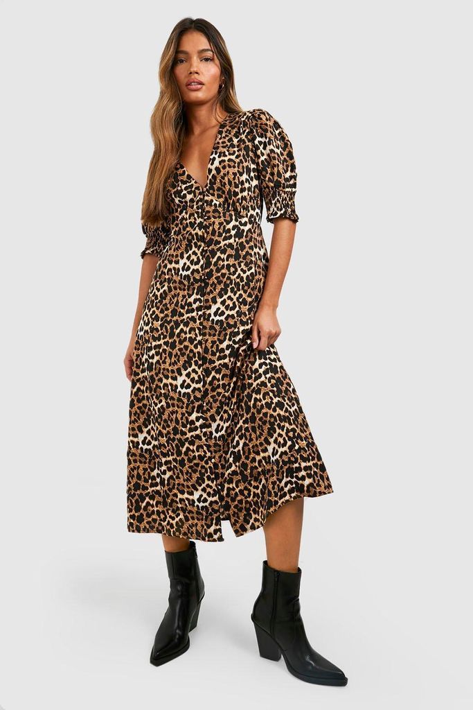 Womens Leopard Shirred Cuff Midi Dress - Brown - 8, Brown