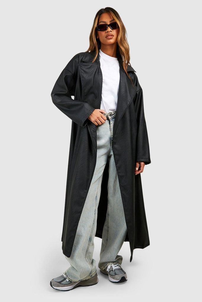 Womens Maxi Faux Leather Trench Coat - Black - 8, Black