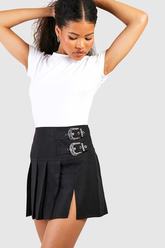 Womens Petite Buckle Detail Printed Mini Skirt - Black - 6, Black