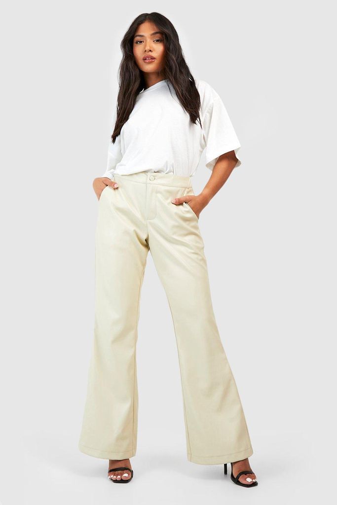 Womens Petite Leather Look High Waisted Flared Trousers - Cream - 6, Cream