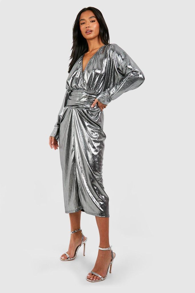 Womens Petite Plunge Wrap Foil Midi Dress - Grey - 6, Grey