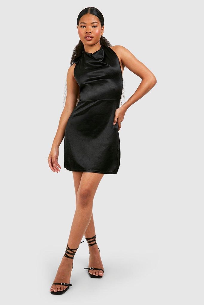 Womens Petite Satin Cowl Neck Mini Dress - Black - 6, Black