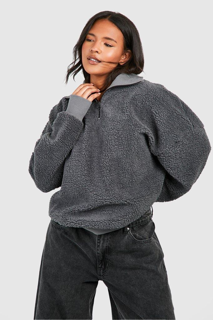 Womens Plus Borg Half Zip Sweatshirt - Grey - 16, Grey