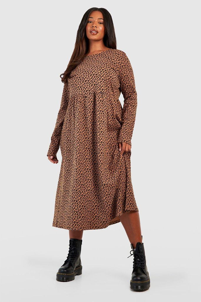 Womens Plus Woven Leopard Smock Midi Dress - Multi - 22, Multi