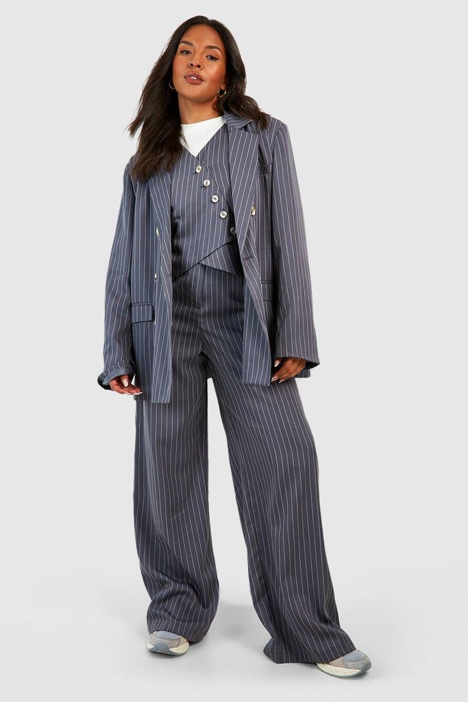 Womens Plus Woven Pinstripe Wide Leg Tailored Trousers - Grey - 16, Grey