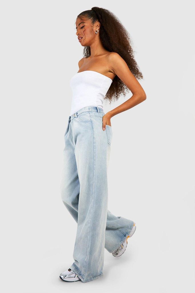 Womens Popper Pleated Wasitband Wide Leg Jeans - Blue - 6, Blue