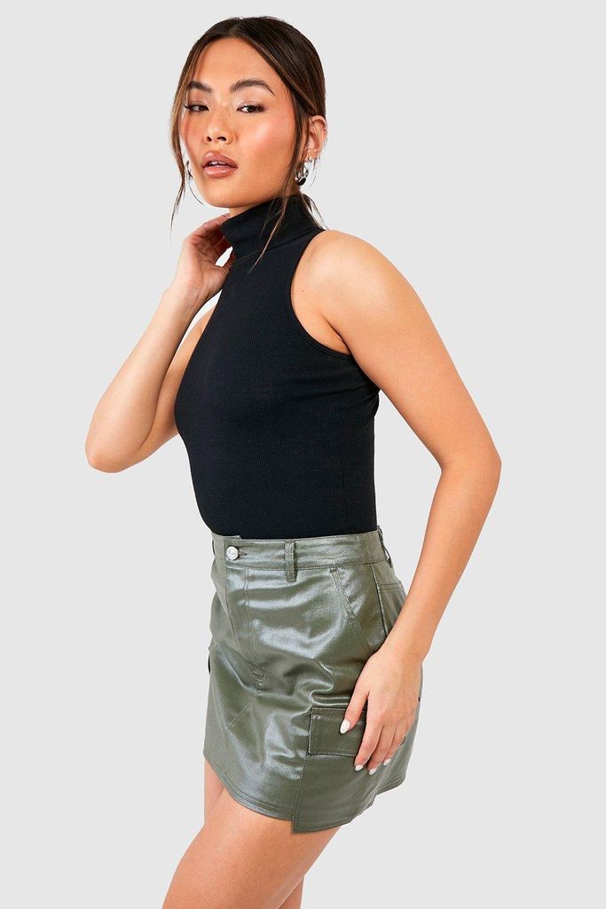 Womens Pu Coated Cargo Pocket Denim Mini Skirt - Green - 6, Green