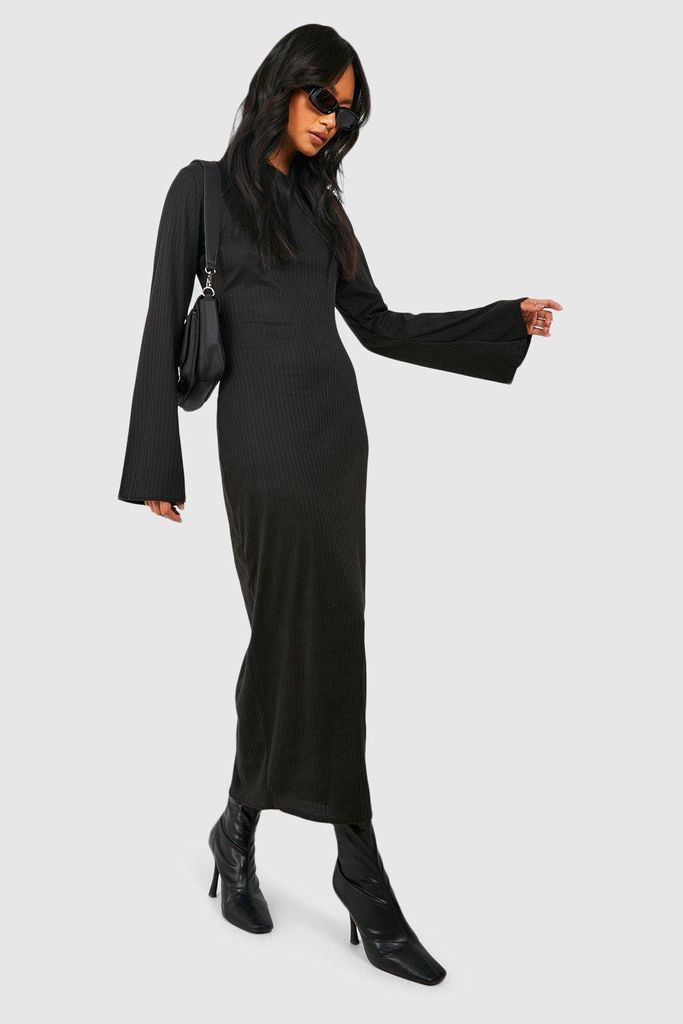 Womens Rib Knit Flare Sleeve Midaxi Dress - Black - S, Black