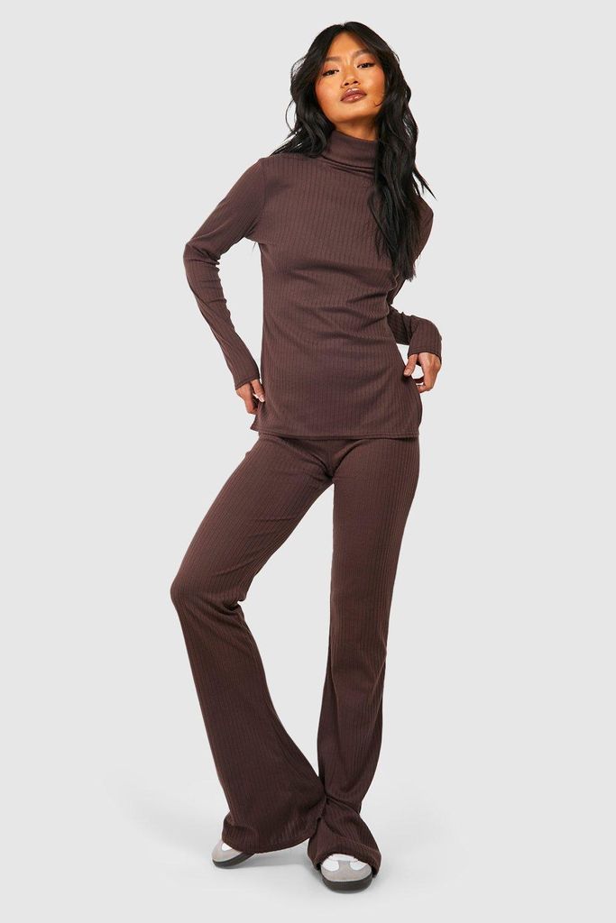 Womens Rib Knit Roll Neck Split Hem Top And Trouser Co-Ord - Brown - S, Brown