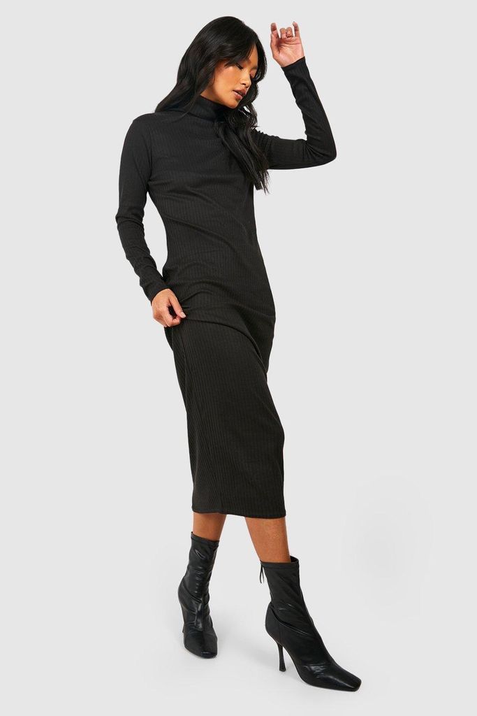 Womens Rib Roll Neck Midaxi Dress - Black - S, Black