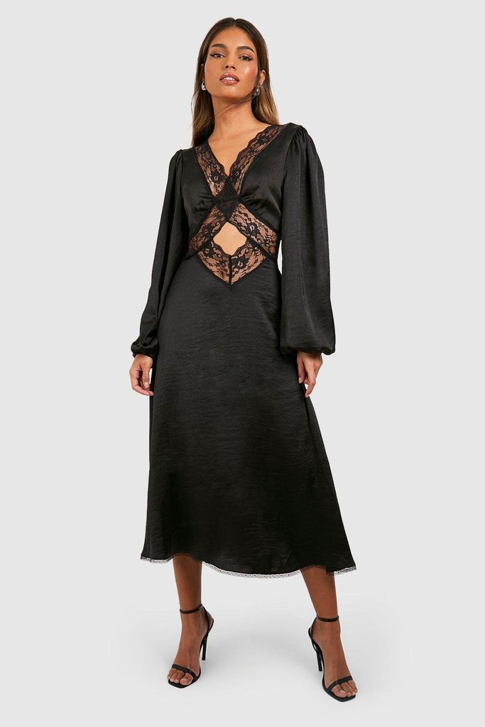 Womens Satin Lace Detail Blouson Sleeve Midi Dress - Black - 8, Black