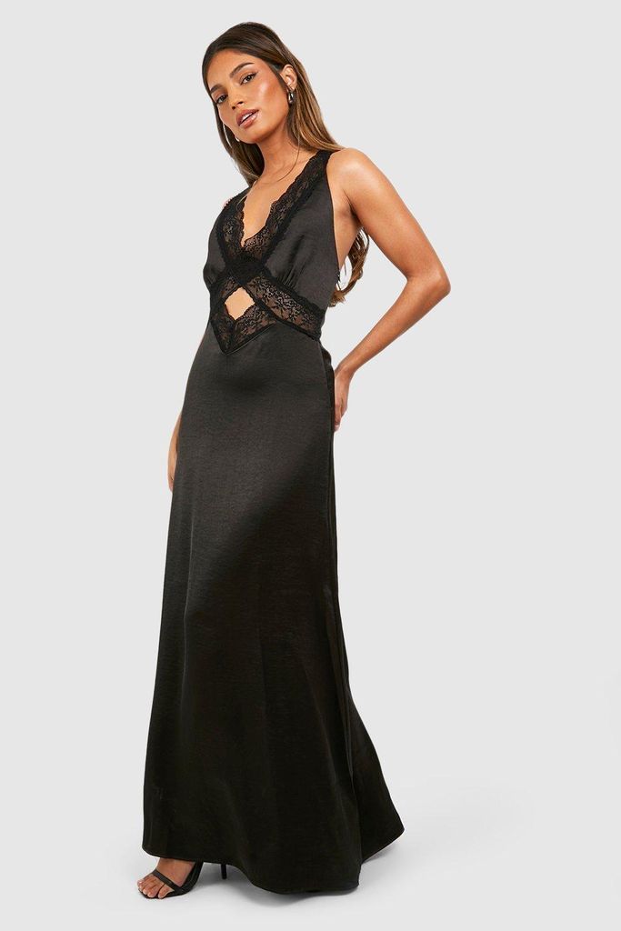 Womens Satin Lace Trim Maxi Slip Dress - Black - 8, Black