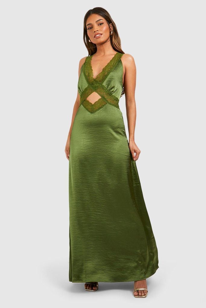 Womens Satin Lace Trim Maxi Slip Dress - Green - 8, Green