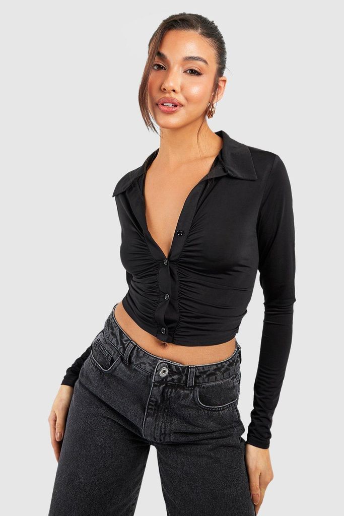 Womens Slinky Rouche Crop Shirt - Black - 6, Black