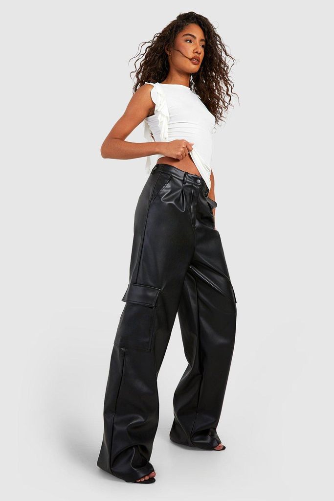 Womens Tall Leather Look High Waisted Cargo Trousers - Black - 6, Black