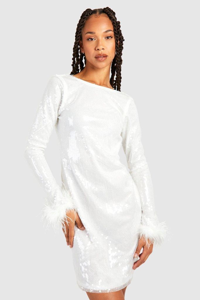 Womens Tall Sequin Fluffy Feather Trim Mini Dress - White - 6, White