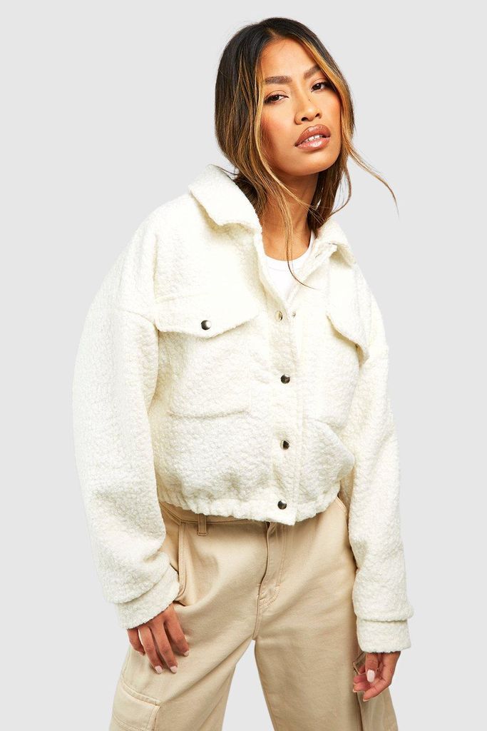 Womens Textured Wool Look Crop Shacket - Cream - 8, Cream