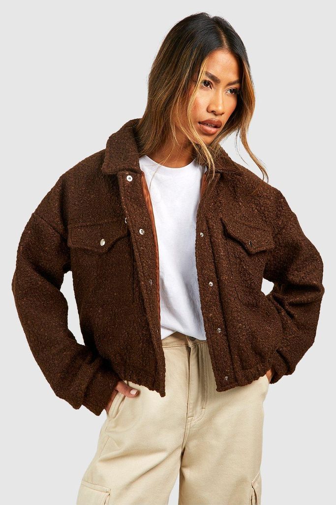 Womens Textured Wool Look Crop Shacket - Brown - 8, Brown