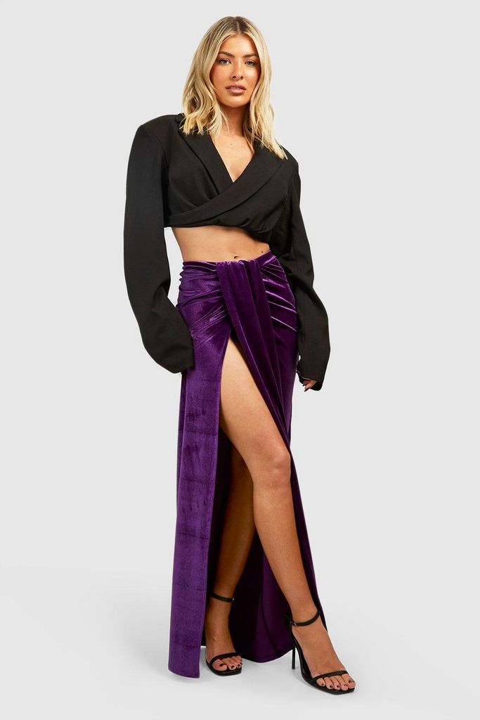 Womens Velvet Drape Front Split Maxi Skirt - Purple - 6, Purple